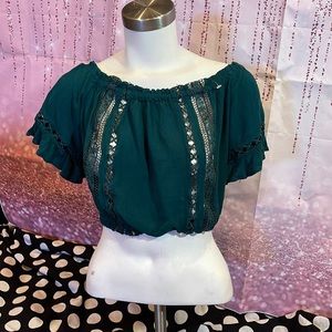 Divided Teal Crop Top with Black Lace Accents